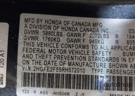 2024 Honda Civic Sport from USA, damaged, VIN 2HGFE2F55RH572010